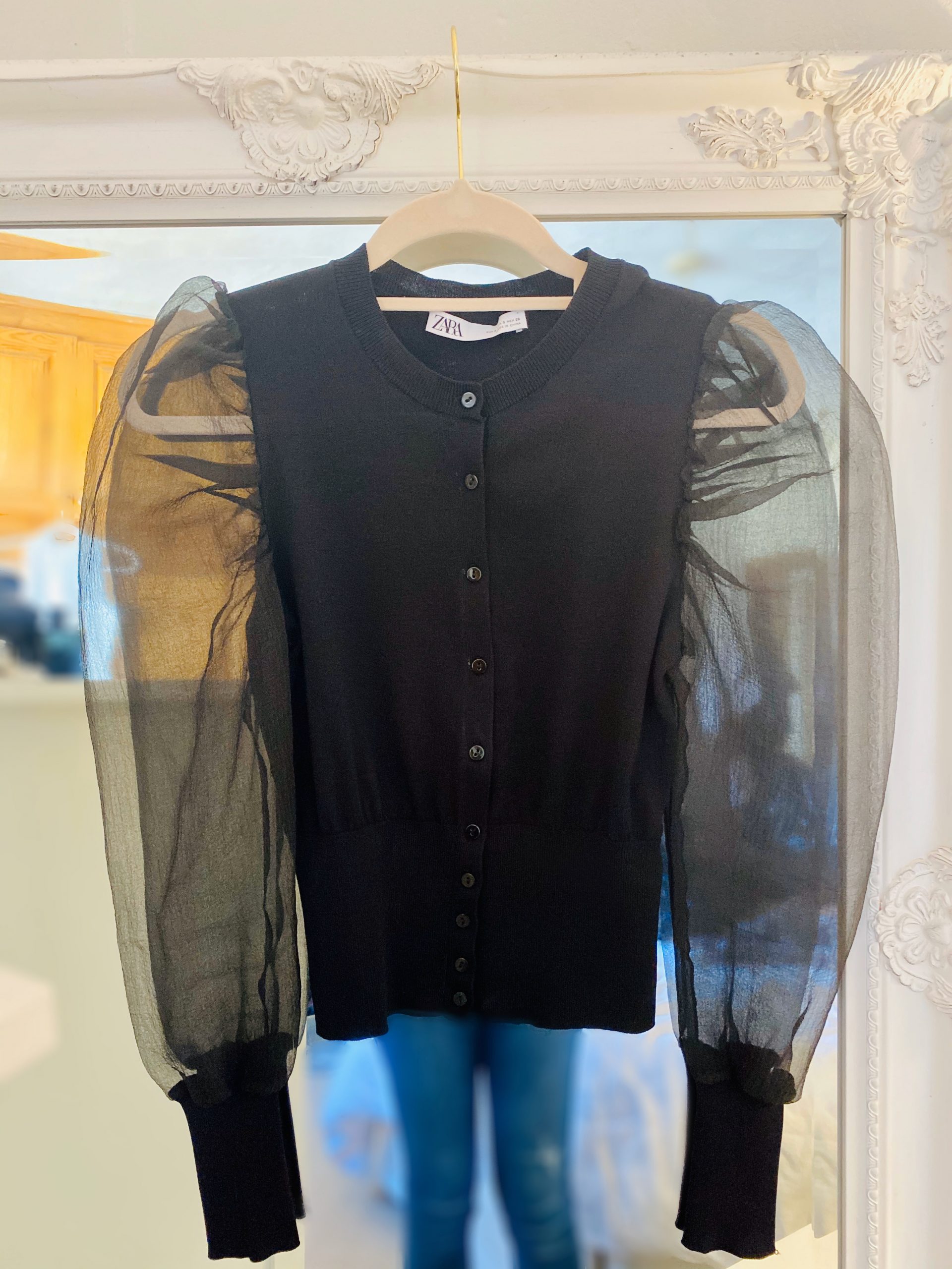 Zara Knit Cardigan with organza sleeves – Size Small | Champagne Fashion